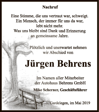 Traueranzeige von Jürgen Behrens von Uelzen