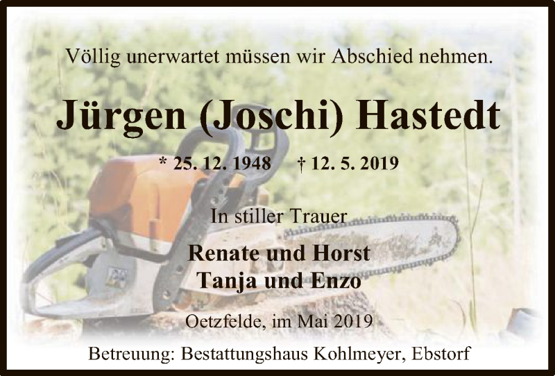  Traueranzeige für Jürgen Hastedt vom 18.05.2019 aus Uelzen