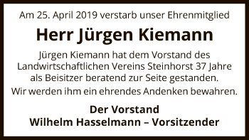 Traueranzeige von Jürgen Kiemann von Uelzen