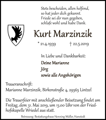 Traueranzeige von Kurt Marzinzik von Uelzen