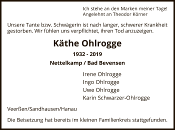 Traueranzeige von Käthe Ohlrogge von Uelzen