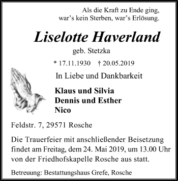 Traueranzeige von Liselotte Haverland von Uelzen