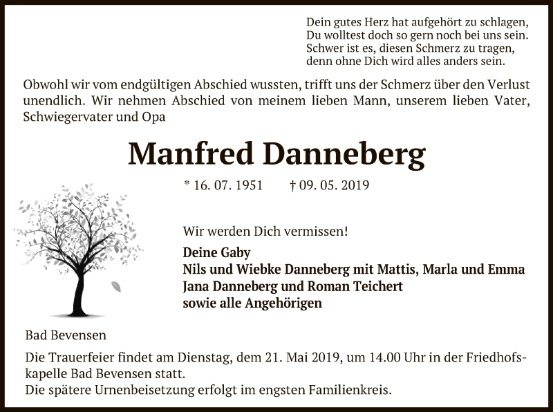  Traueranzeige für Manfred Danneberg vom 18.05.2019 aus Uelzen