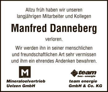 Traueranzeige von Manfred Danneberg von Uelzen