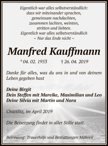 Traueranzeige von Manfred Kauf von Uelzen