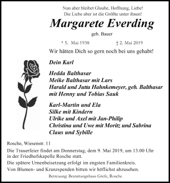 Traueranzeige von Margarete Everding von Uelzen