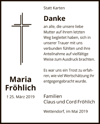 Traueranzeige von Maria Fröhlich von Uelzen