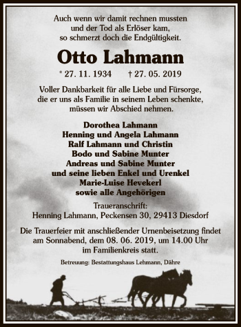 Traueranzeige von Otto Lahmann von Uelzen