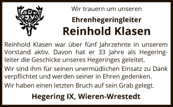 Traueranzeige von Reinhold Klasen von Uelzen