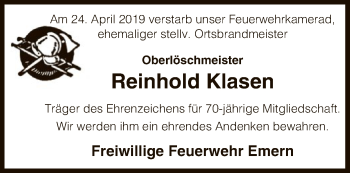 Traueranzeige von Reinhold Klasen von Uelzen