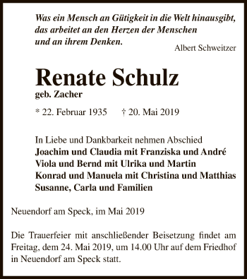 Traueranzeige von Renate Schulz von Uelzen