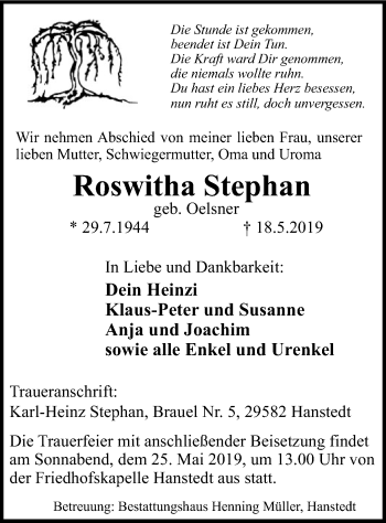 Traueranzeige von Roswitha Stephan von Uelzen