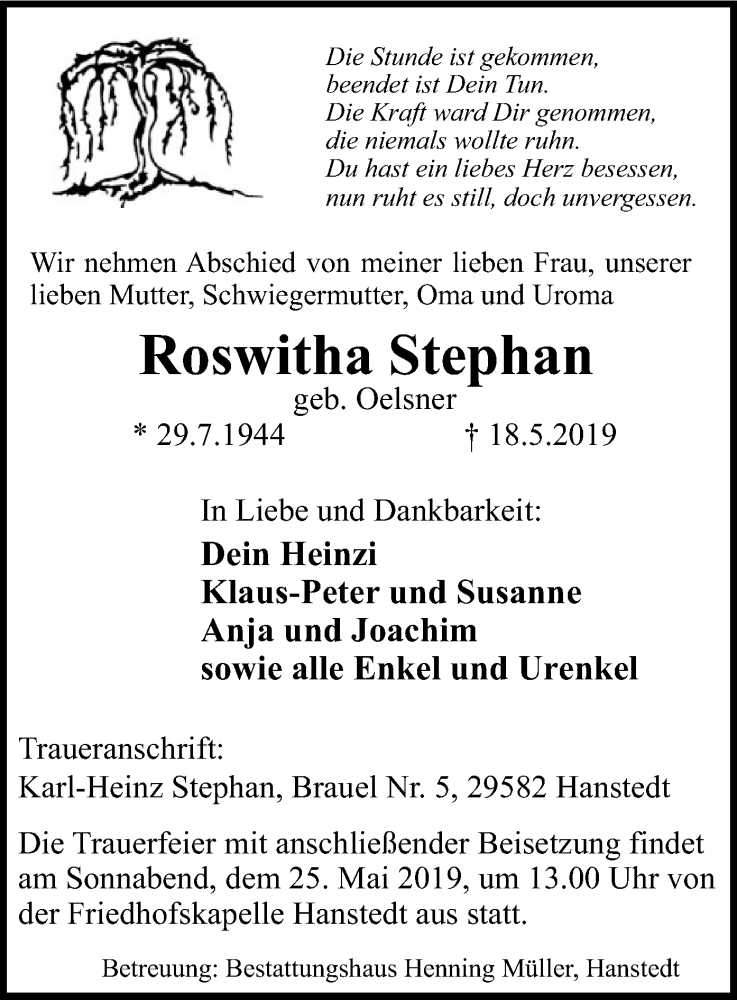  Traueranzeige für Roswitha Stephan vom 23.05.2019 aus Uelzen