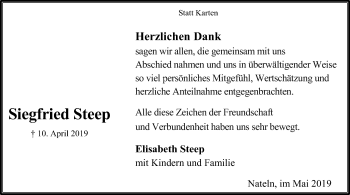 Traueranzeige von Siegfried Steep von Uelzen