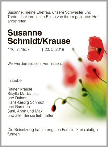 Traueranzeige von Susanne Schmidt/Krause von Uelzen