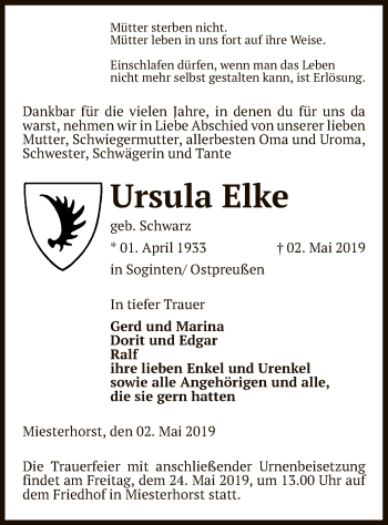 Traueranzeige von Ursula Elke von Uelzen