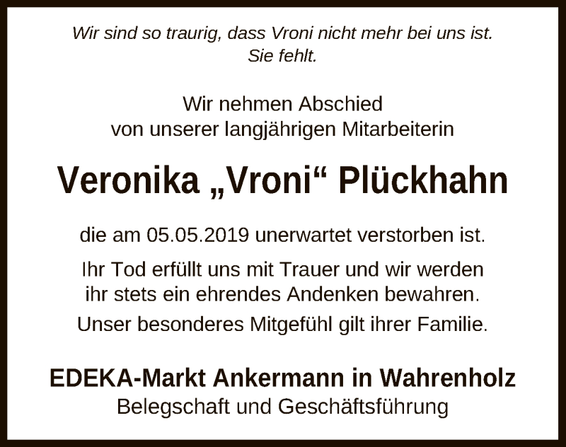  Traueranzeige für Veronika  Plückhahn vom 14.05.2019 aus Uelzen
