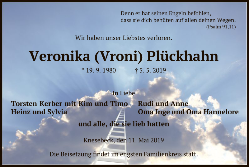  Traueranzeige für Veronika  Plückhahn vom 11.05.2019 aus Uelzen