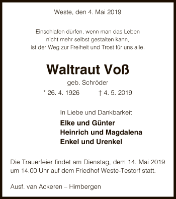 Traueranzeige von Waltraut Voß von Uelzen