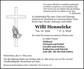 Traueranzeige von Willi Henneicke von Uelzen