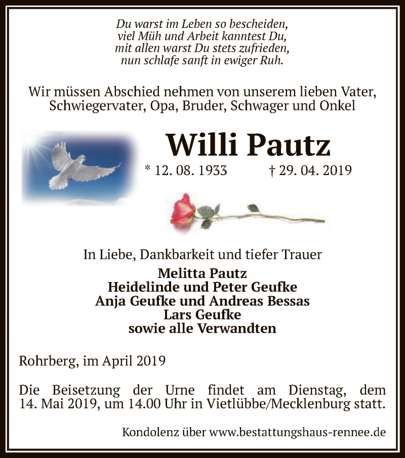  Traueranzeige für Willi Pautz vom 04.05.2019 aus Uelzen