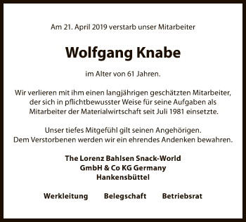 Traueranzeige von Wolfgang Knabe von Uelzen