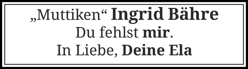  Traueranzeige für Ingrid Bähre vom 04.05.2019 aus Uelzen