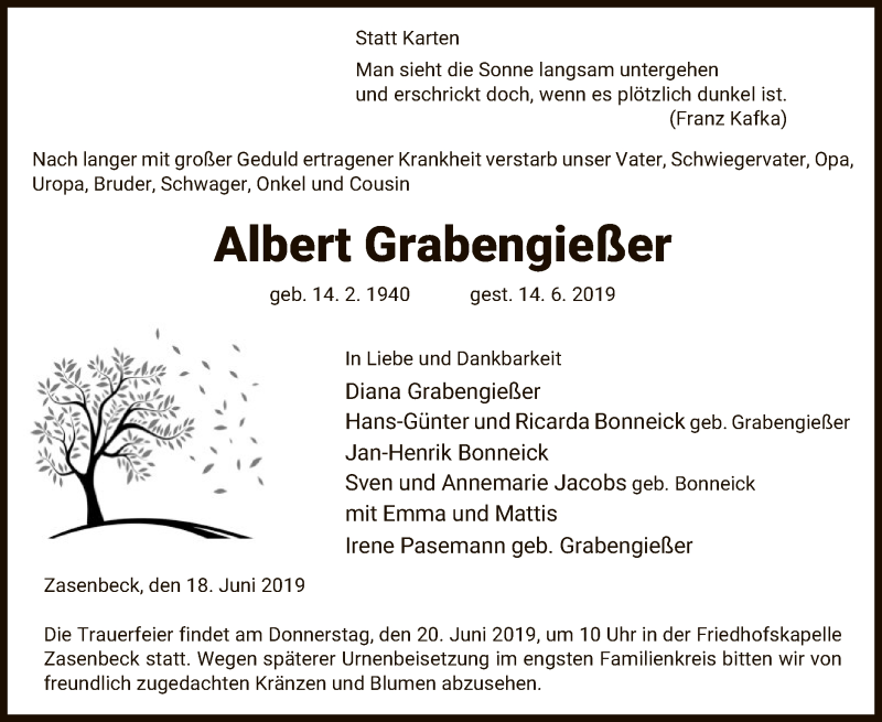  Traueranzeige für Albert Grabengießer vom 18.06.2019 aus Uelzen