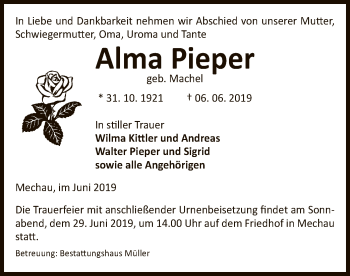 Traueranzeige von Alma Pieper von Uelzen