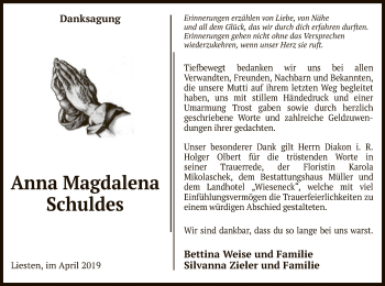 Traueranzeige von Anna Magdalena Schuldes von Uelzen