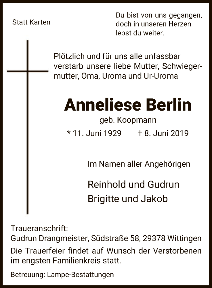  Traueranzeige für Anneliese Berlin vom 15.06.2019 aus Uelzen