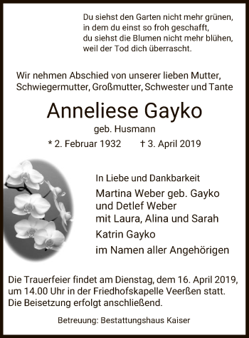 Traueranzeige von Anneliese Gayko von Uelzen