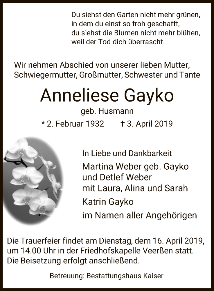  Traueranzeige für Anneliese Gayko vom 13.04.2019 aus Uelzen
