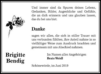 Traueranzeige von Brigitte Bendig von Uelzen