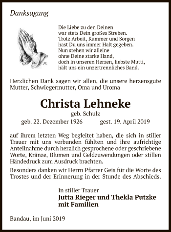 Traueranzeige von Christa Lehneke von Uelzen