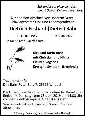 Traueranzeige von Dietrich Eckhard Bahr von Uelzen