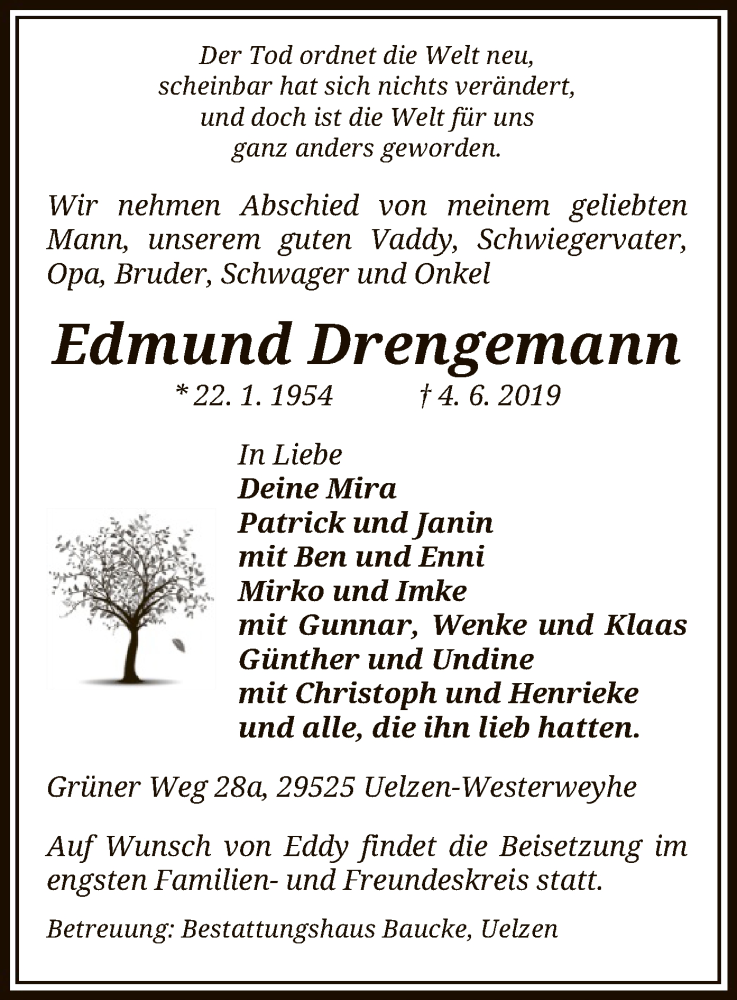  Traueranzeige für Edmund Drengemann vom 08.06.2019 aus Uelzen