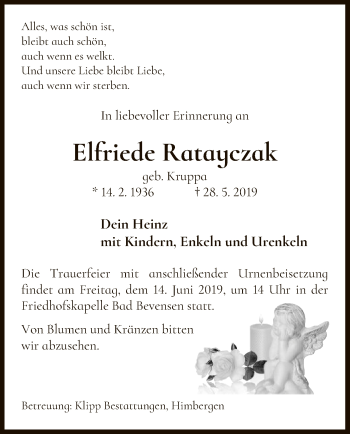 Traueranzeige von Elfriede Ratayczak von Uelzen