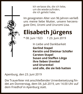 Traueranzeige von Elisabeth Jürgens von Uelzen