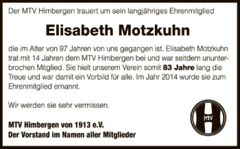 Traueranzeige von Elisabeth Motzkuhn von Uelzen