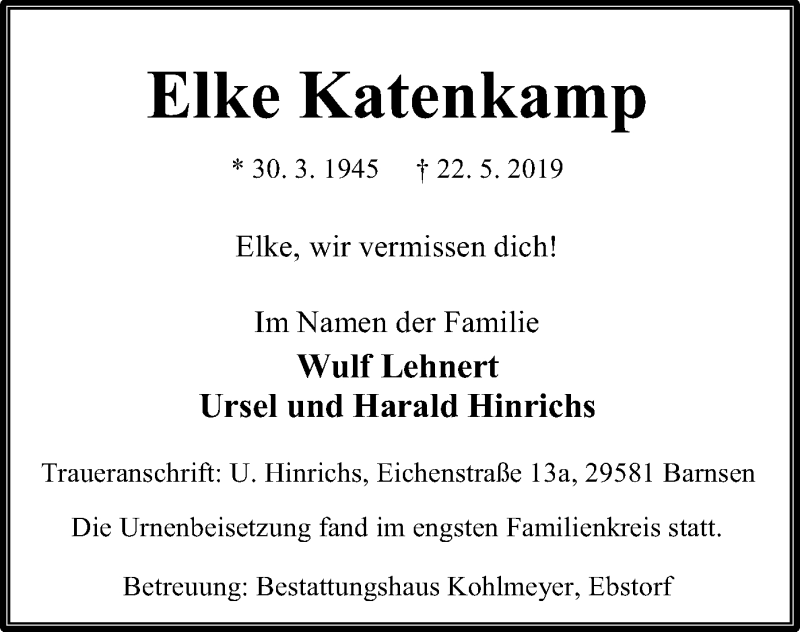  Traueranzeige für Elke Katenkamp vom 22.06.2019 aus Uelzen