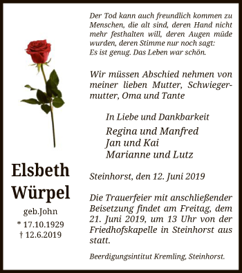 Traueranzeige von Elsbeth Würpel von Uelzen