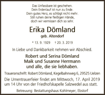 Traueranzeige von Erika Dömland von Uelzen