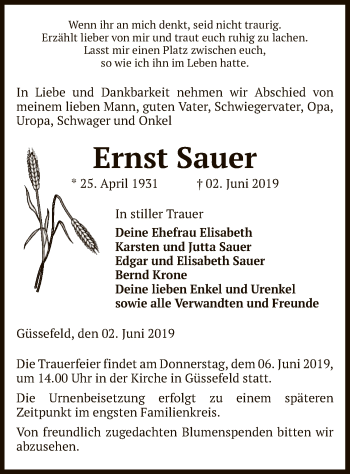 Traueranzeige von Ernst Sauer von Uelzen