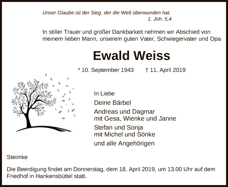 Traueranzeige für Ewald Weiss vom 13.04.2019 aus Uelzen