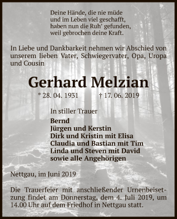 Traueranzeige von Gerhard Melzian von Uelzen