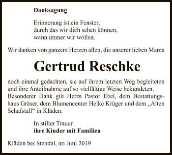 Traueranzeige von Gertrud Reschke von Uelzen