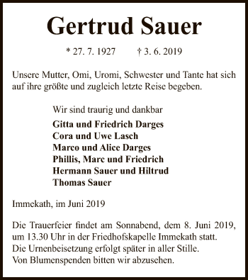 Traueranzeige von Gertrud Sauer von Uelzen