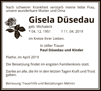 Traueranzeige von Gisela Düsedau von Uelzen