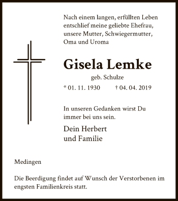 Traueranzeige von Gisela Lemke von Uelzen